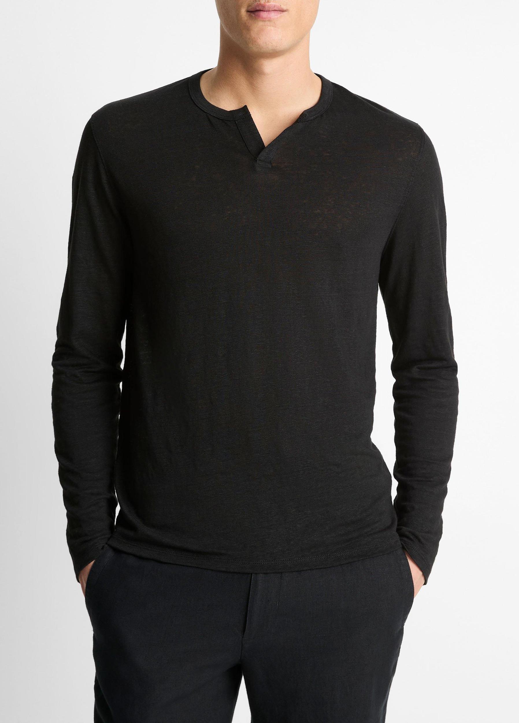 Linen Long-Sleeve Split-Neck T-Shirt Product Image