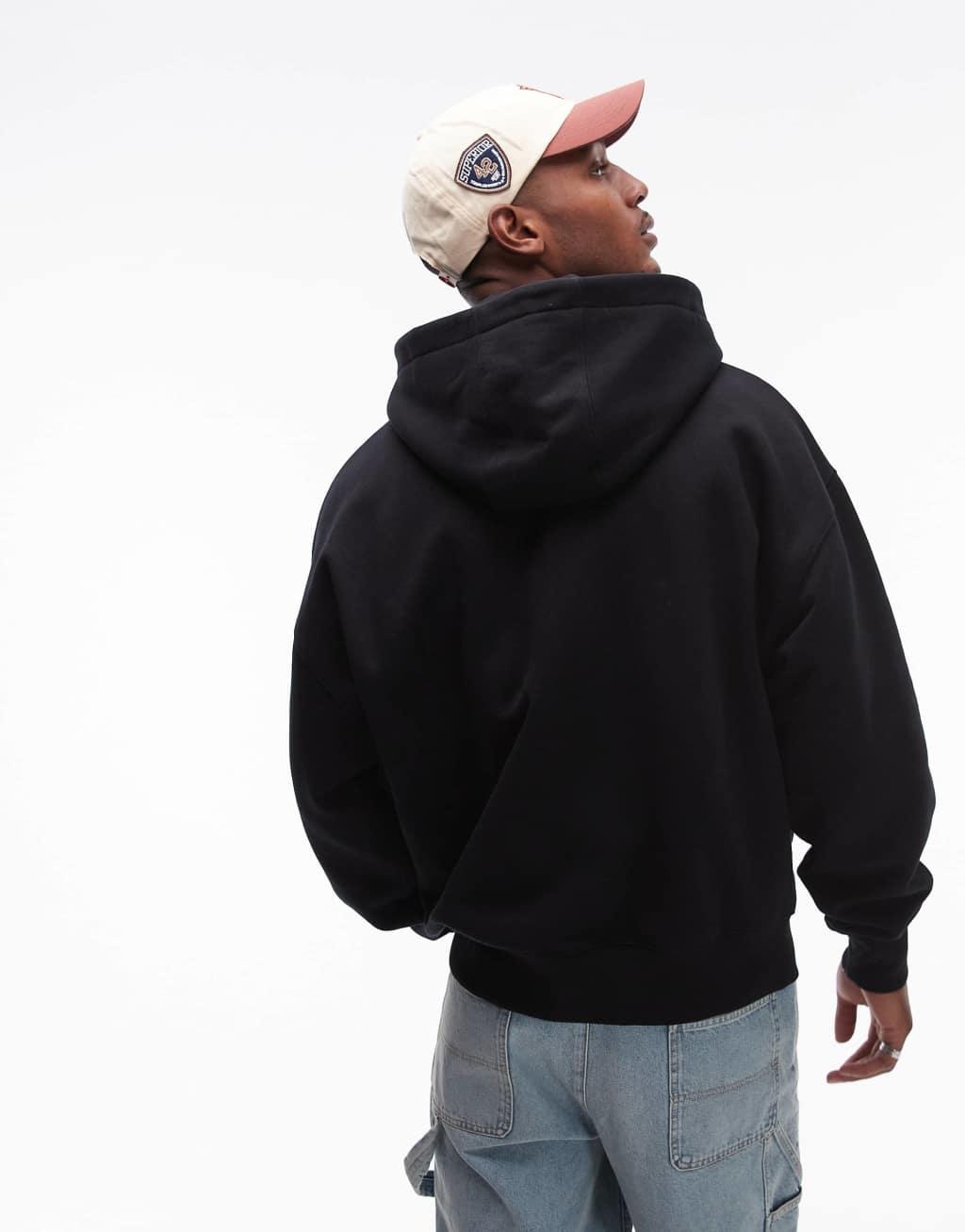 Topman premium heavyweight oversized full zip hoodie in black Product Image