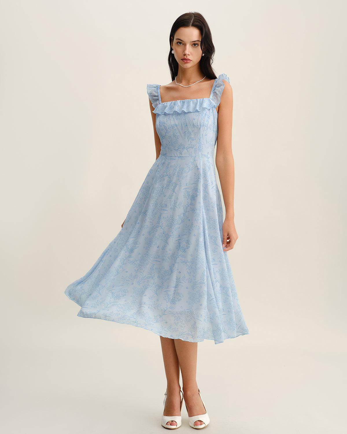 Blue Square Neck Ruffle Midi Dress Product Image