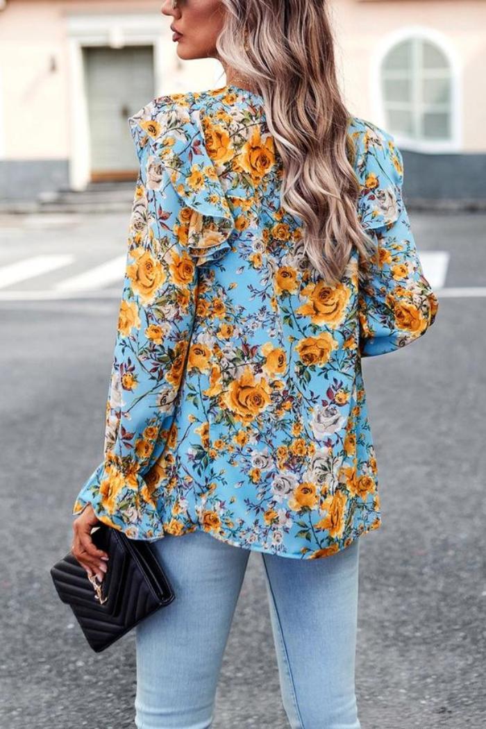 Bright Floral Print Smocked Ruffle Trim Blouse Product Image