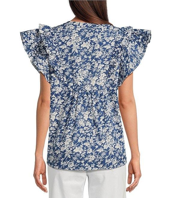 Calessa Printed Split V-Neck Ruffled Cap Sleeve Top Product Image