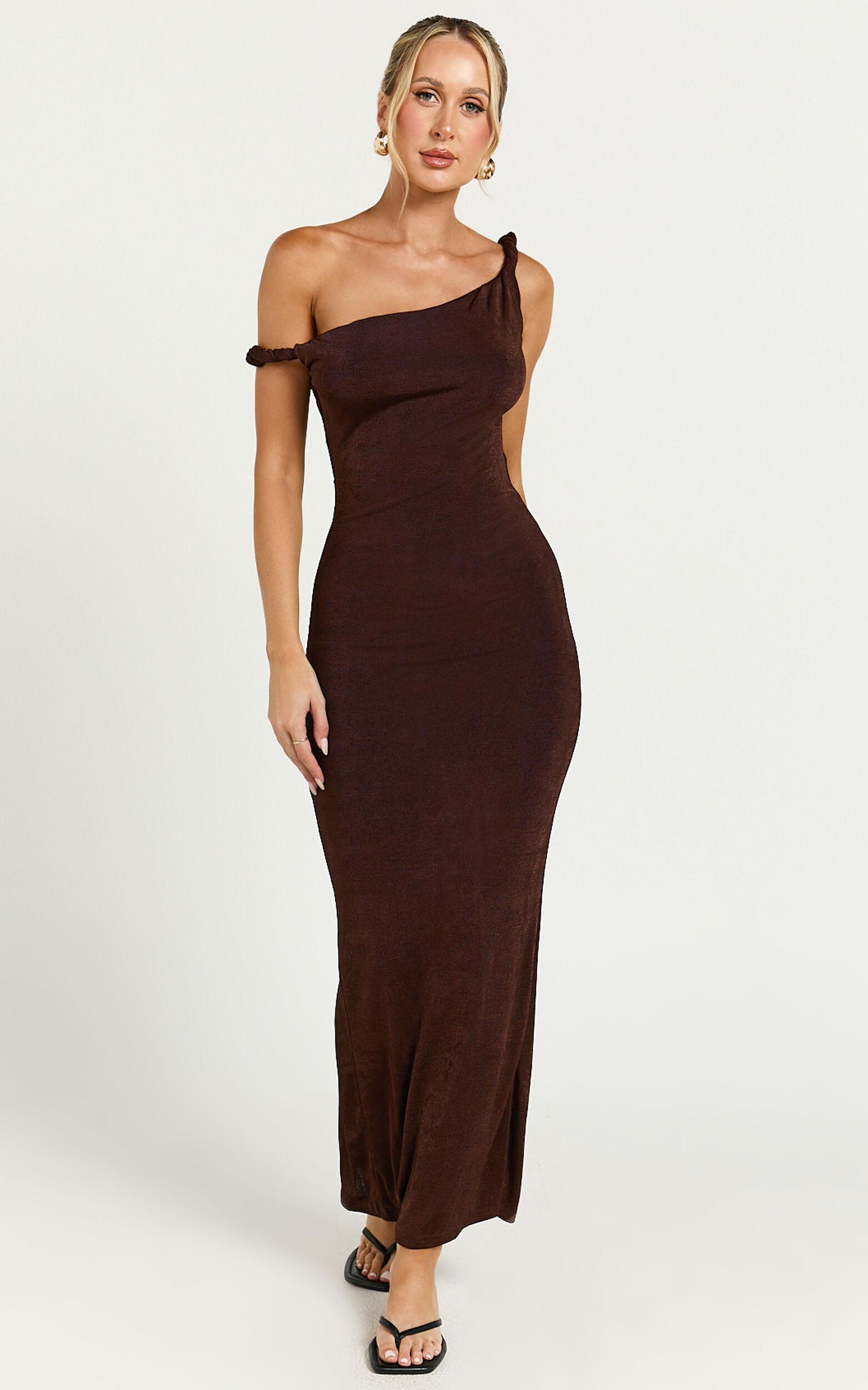 Isabel Midi Dress - Twist Off Shoulder Bodycon Dress in Chocolate Product Image