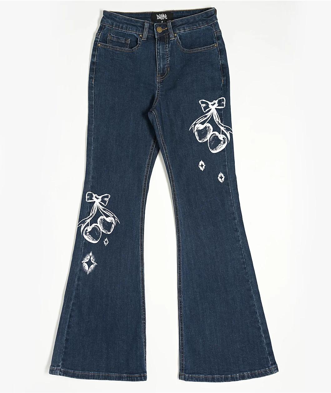 Empyre Glimmer Evening Dark Blue Mid Rise Flare Jeans Product Image