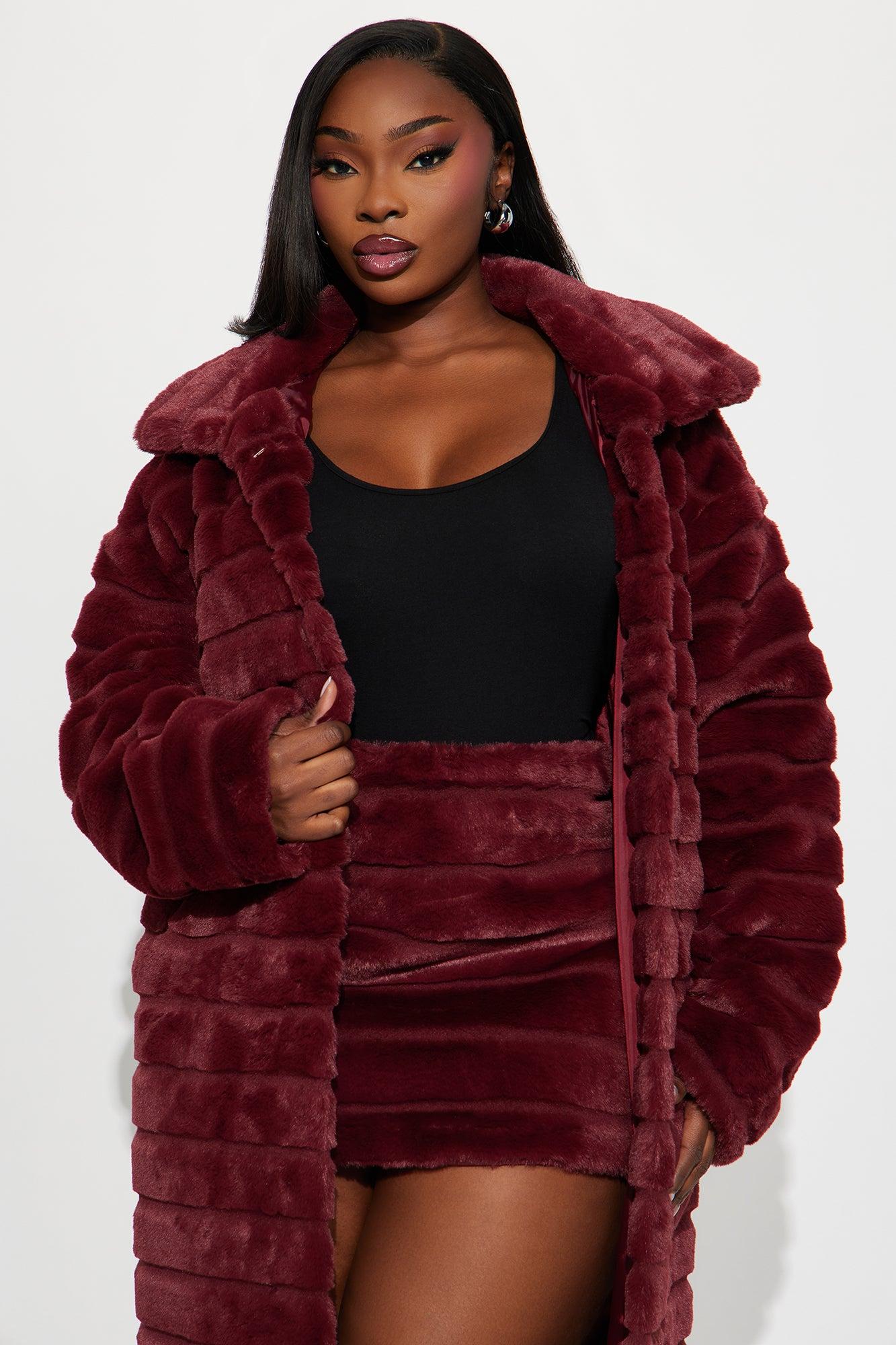 Paloma Faux Fur Trench Coat - Burgundy Female Product Image