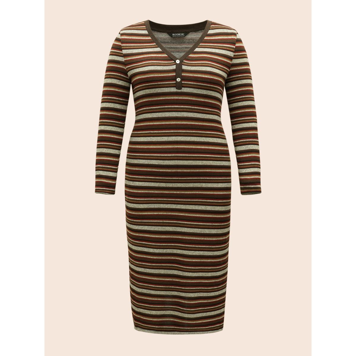Plus Size Contrast Striped Split Hem Knit Dress Multicolor Women Casual Button Knit Dresses Bloomchic 26/4X Product Image