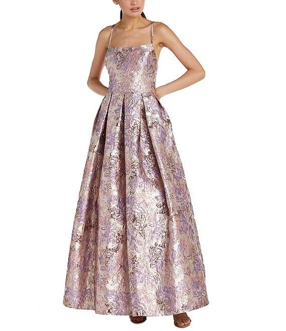 Morgan & Co. Metallic Jacquard Spaghetti Strap Criss Cross Back Ballgown Product Image