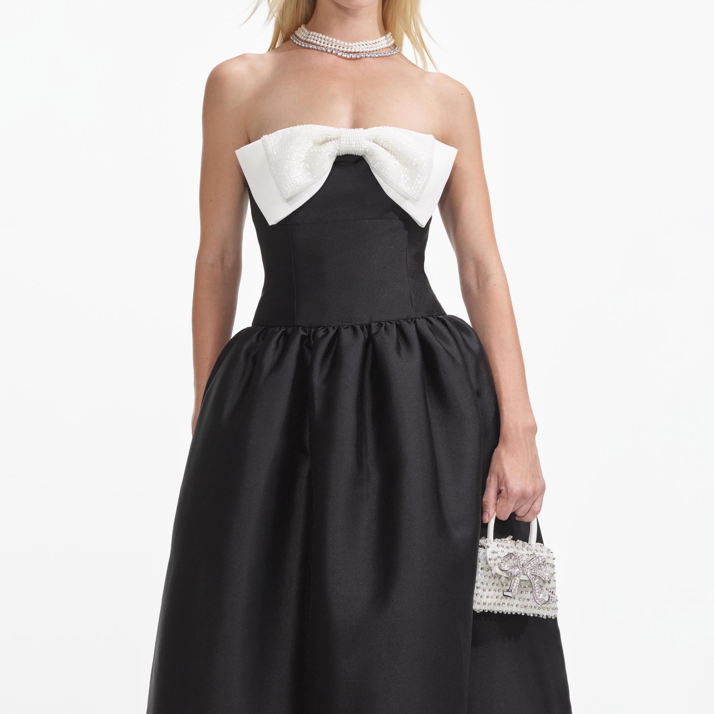 Black Taffeta Contrast Bow Midi Dress Product Image