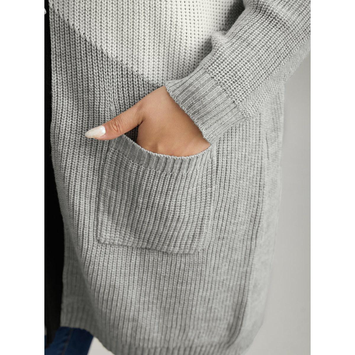Plus Size Colorblock Contrast Pocket Open Front Cardigan DarkGray Women Casual Loose Long Sleeve Dailywear Cardigans BloomChic 14-16/1X Product Image