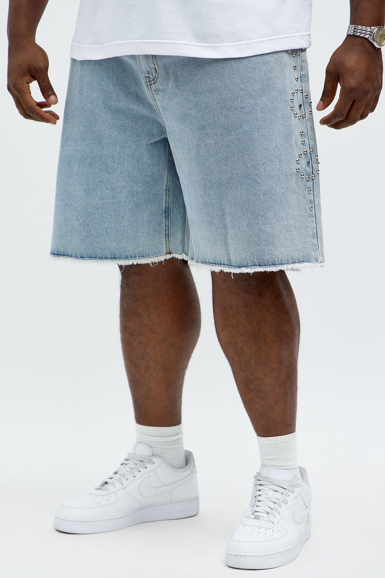 Relaxed Come In Clutch Studded Denim Shorts - Light Blue Wash Product Image
