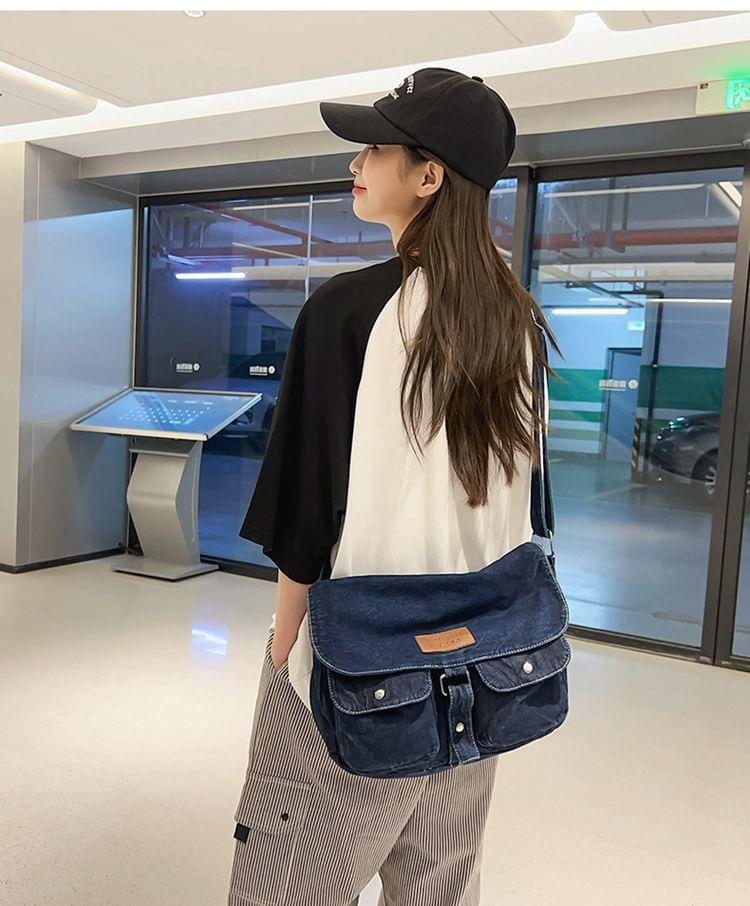 Multi-Pocket Applique Denim Messenger Bag Product Image