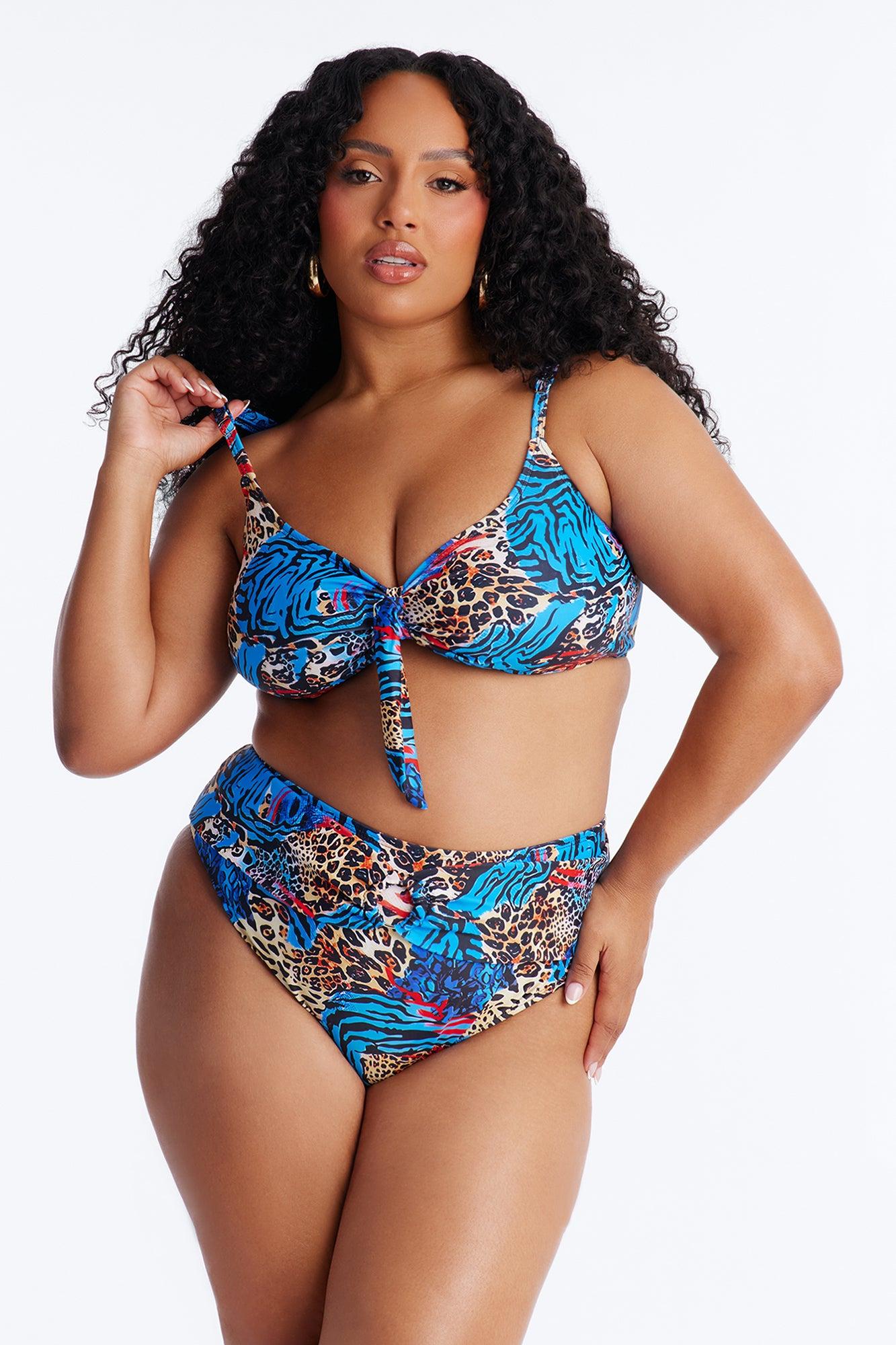 Unstoppable Wild Paradise Animal Front Tie Ruching High Waist Midi 3 Piece Bikini Komono Set - Blue/combo Female Product Image