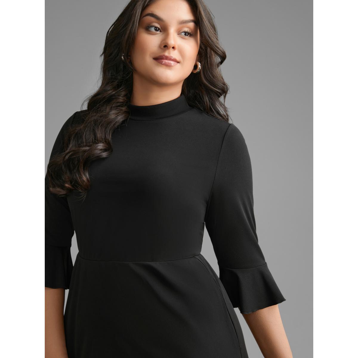 Plus Size Mock Neck Flutter Sleeve Knit Dress Black Women At the Office Ruffles Knit Dresses Bloomchic 28/5X Product Image