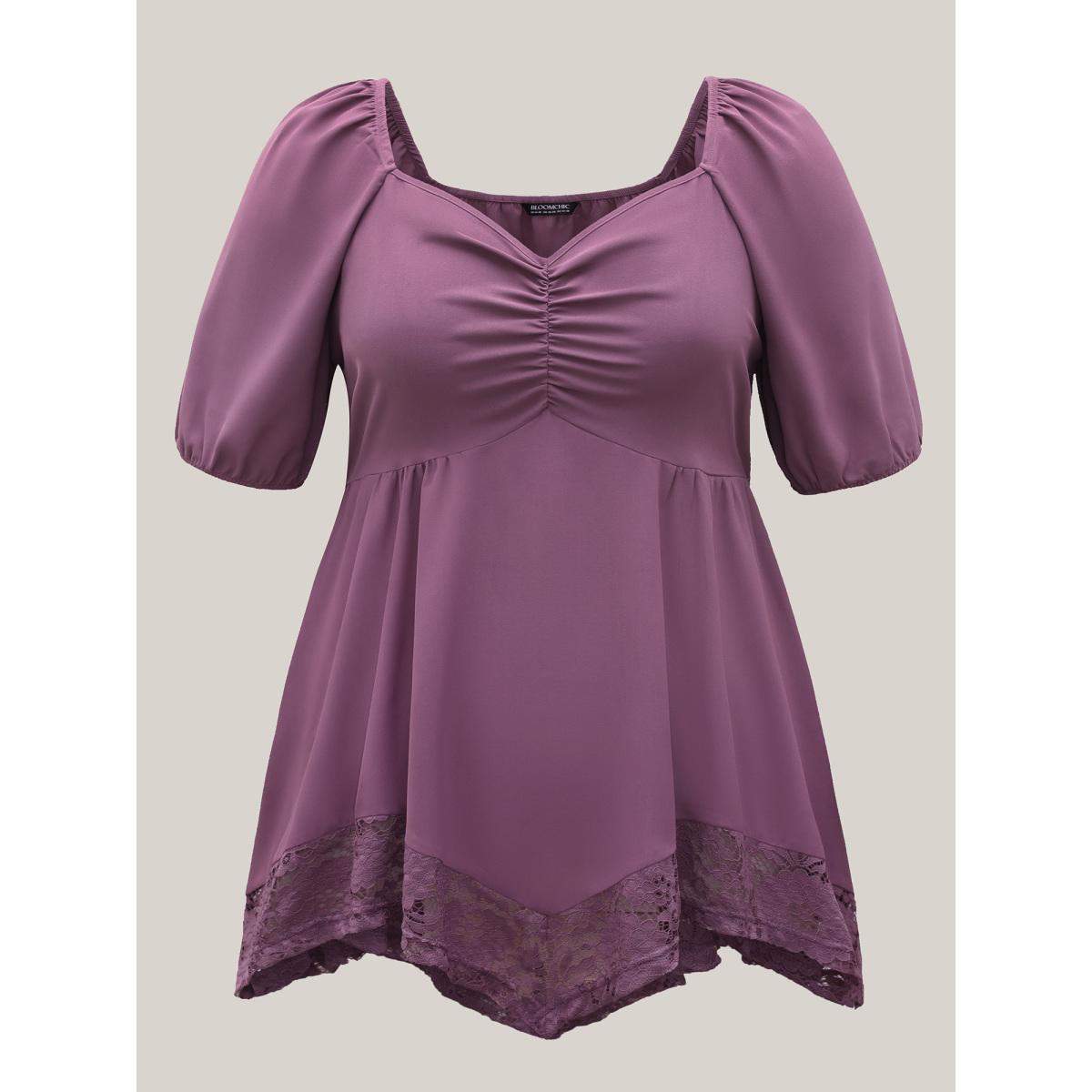 Plus Size Mauve Sweetheart Neck Lace High-Low Hem Shirt Women Romantic Half Sleeve Heart neckline Elegant Blouses BloomChic 14-16/1X Product Image