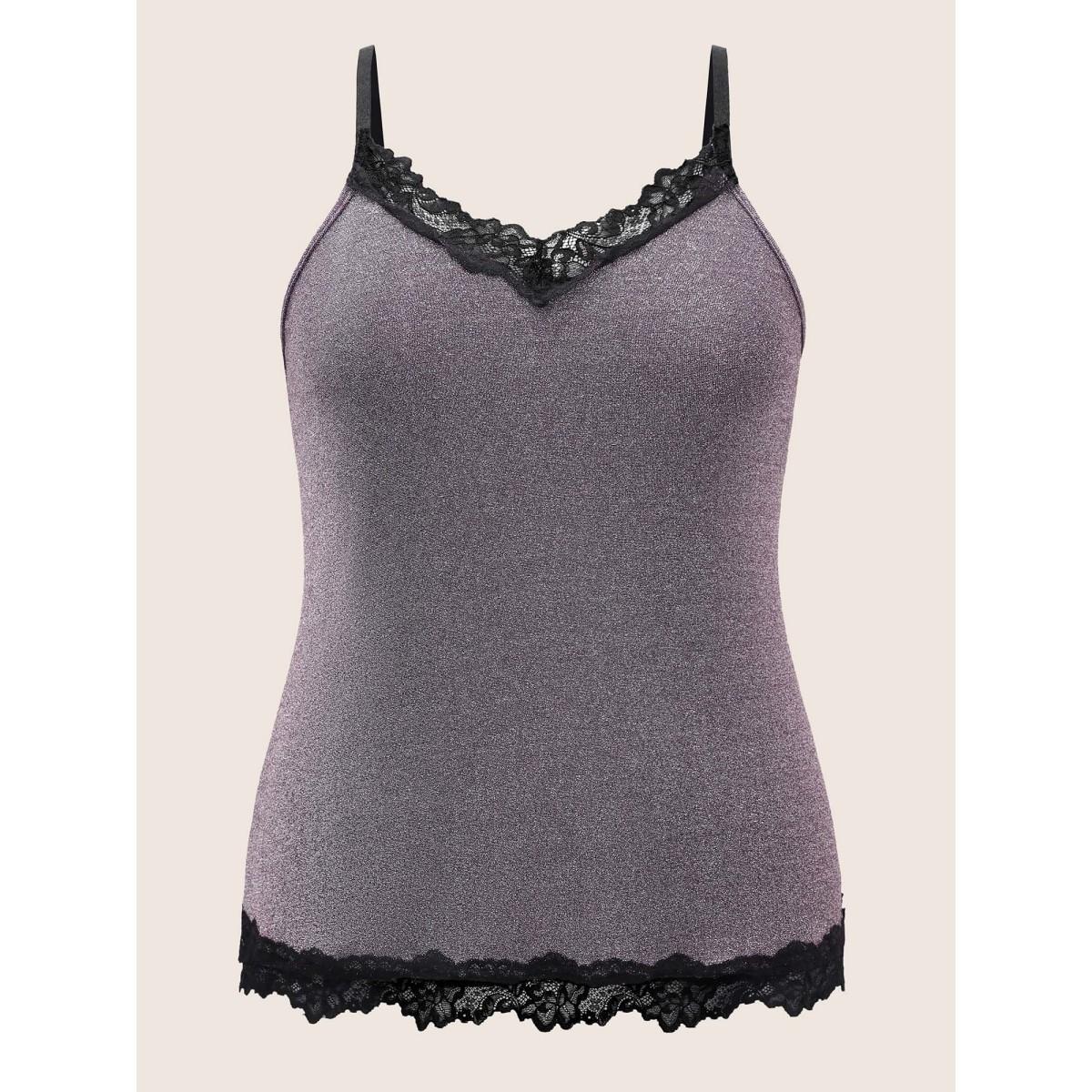 Plus Size Metallic Patchwork Bowknot Lace Panel Loungewear Set Women Purple Patchwork Sleeveless V-neck Lounge Loungewear Sets BloomChic 12/L Product Image