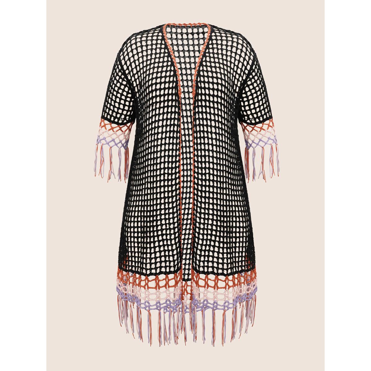Plus Size Crochet Cut Out Tassels Trim Swim Cover Up Women's Swimwear Black Beach Loose Crochet Curve Swim Cover Ups BloomChic 26/4X Product Image