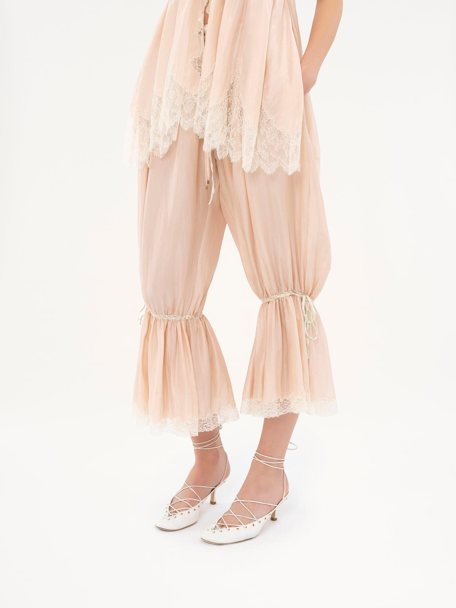 Fluid cropped pants in washed silk pongé & lace Product Image