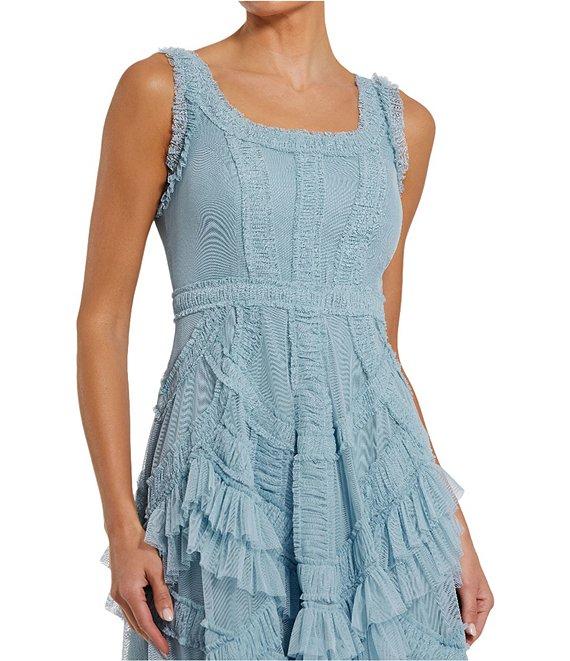 Mac Duggal Scoop Neck Sleeveless Micro Ruffle Mesh Aline Midi Dress Product Image