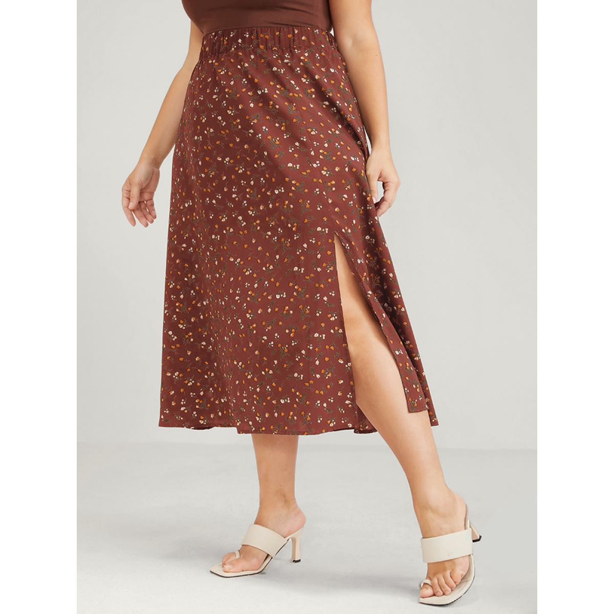 Plus Size Elastic Waist Ditsy Floral Split Skirt Women Chocolate Elegant Printed No stretch Dailywear Skirts BloomChic 10/M Product Image