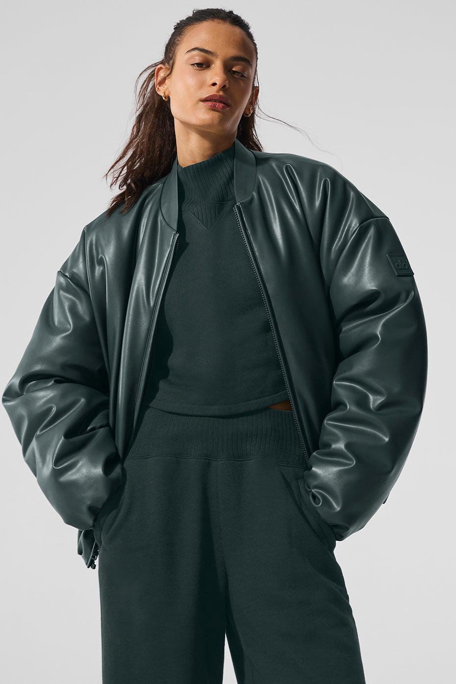 Faux Leather Premier Bomber - Charcoal Green Female Product Image