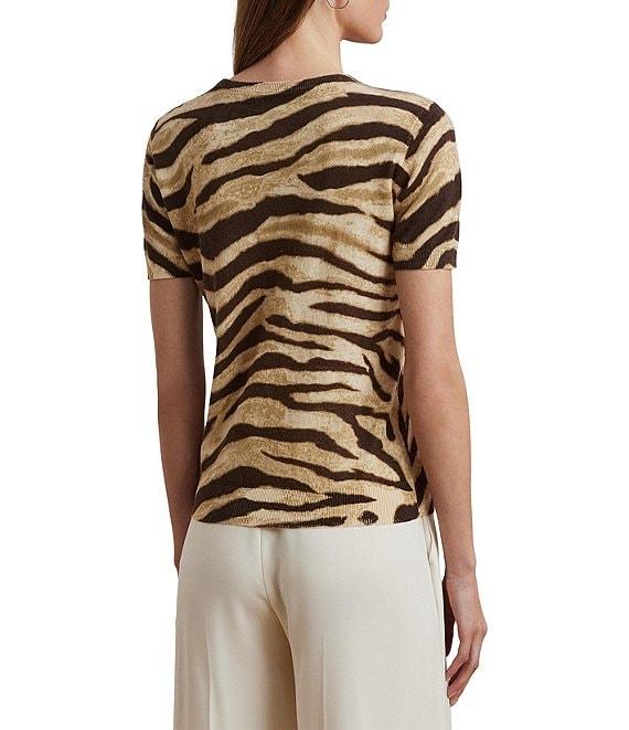 Lauren Ralph Lauren Linen-Cotton Zebra Print Ribbed Crew Neck Short Sleeve Sweater Product Image
