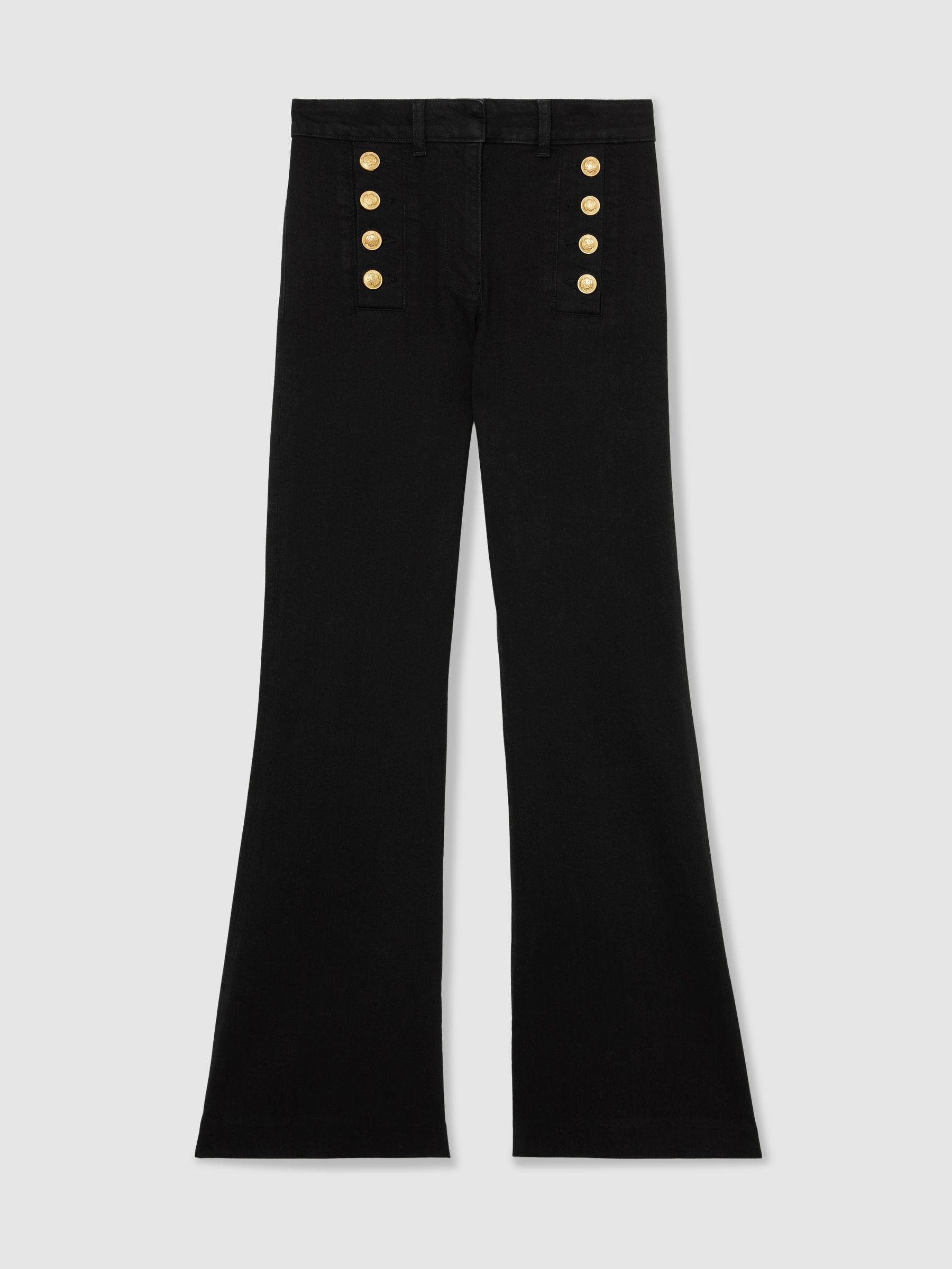 Button-Detail High-Rise Flared Jeans in Black Product Image