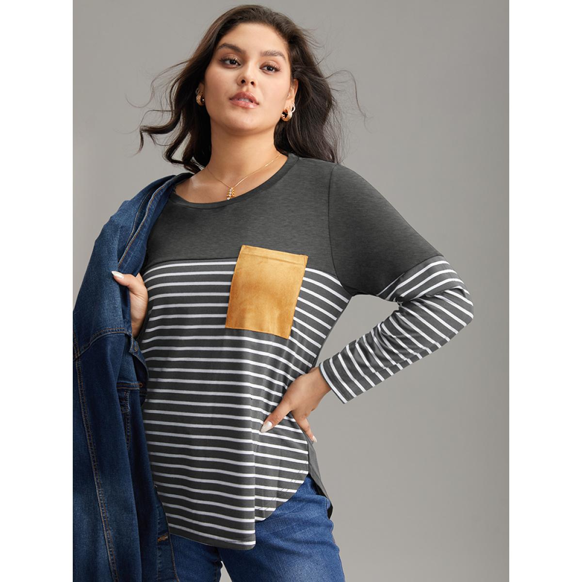 Plus Size Striped Contrast Patched Pocket Arc Hem T-shirt DarkGray Women Casual Contrast Striped Round Neck Dailywear T-shirts BloomChic 18-20/2X Product Image