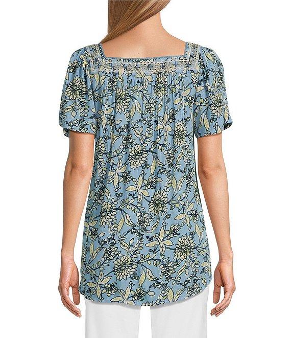 Intro Crinkle Gauze Embroidered Printed Square Neck Short Flutter Sleeve Top Product Image