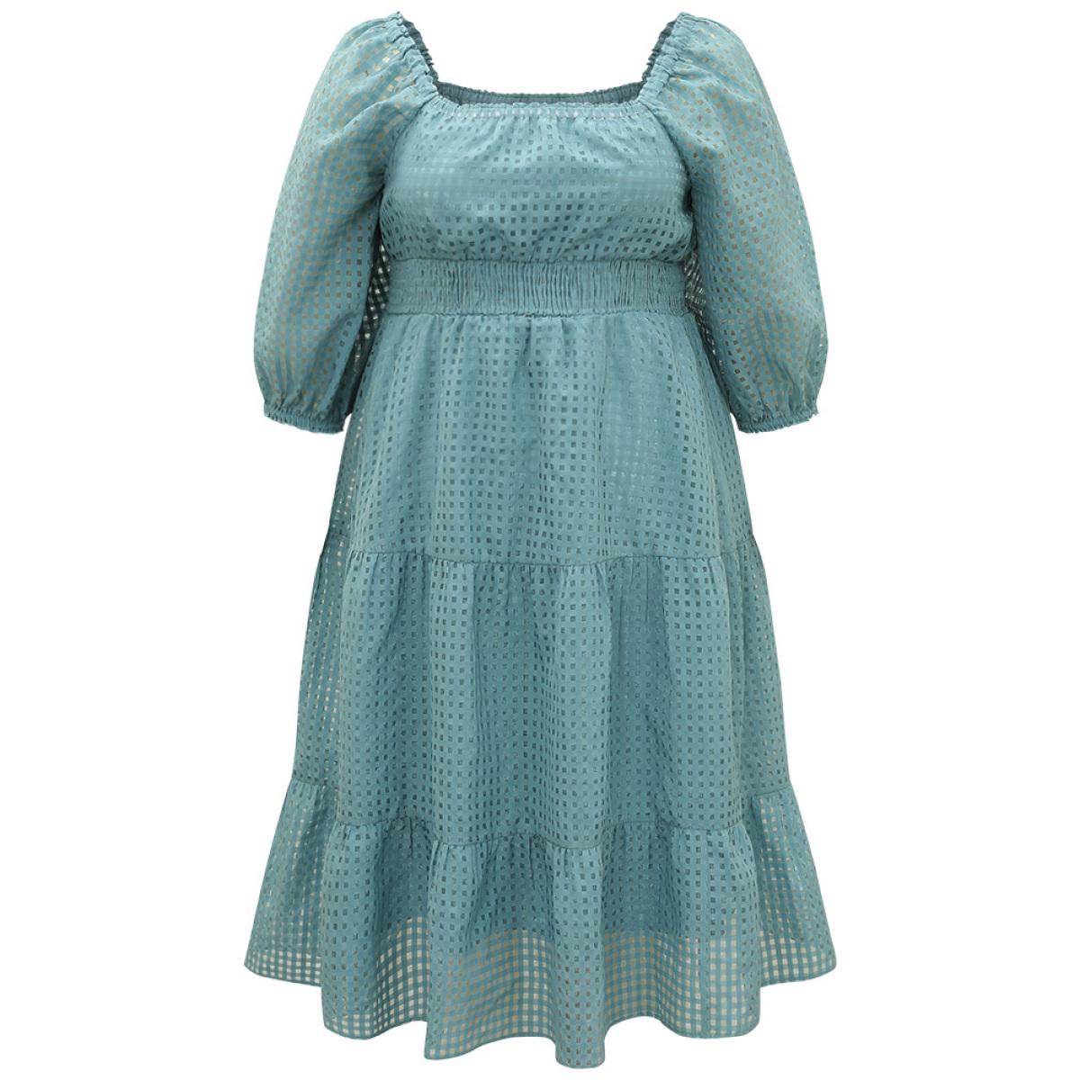 Plus Size Plain Gathered Texture Shirred Pocket Lantern Sleeve Dress Cerulean Women Elegant Elastic cuffs Square Neck Elbow-length sleeve Curvy Midi Dress BloomChic 30/6X Product Image