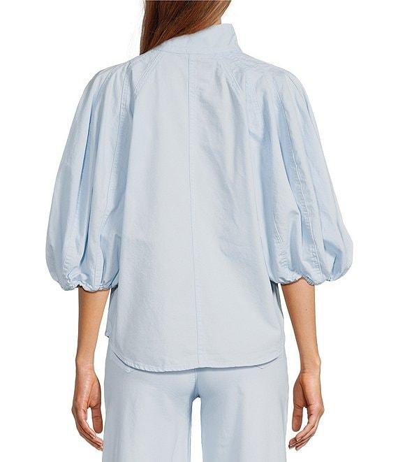 A Loves A Tinted Denim Mock Bow Tie Neck 3/4#double; Puffed Balloon Sleeve Pleated Button Shoulder Tulip Hem Top Product Image