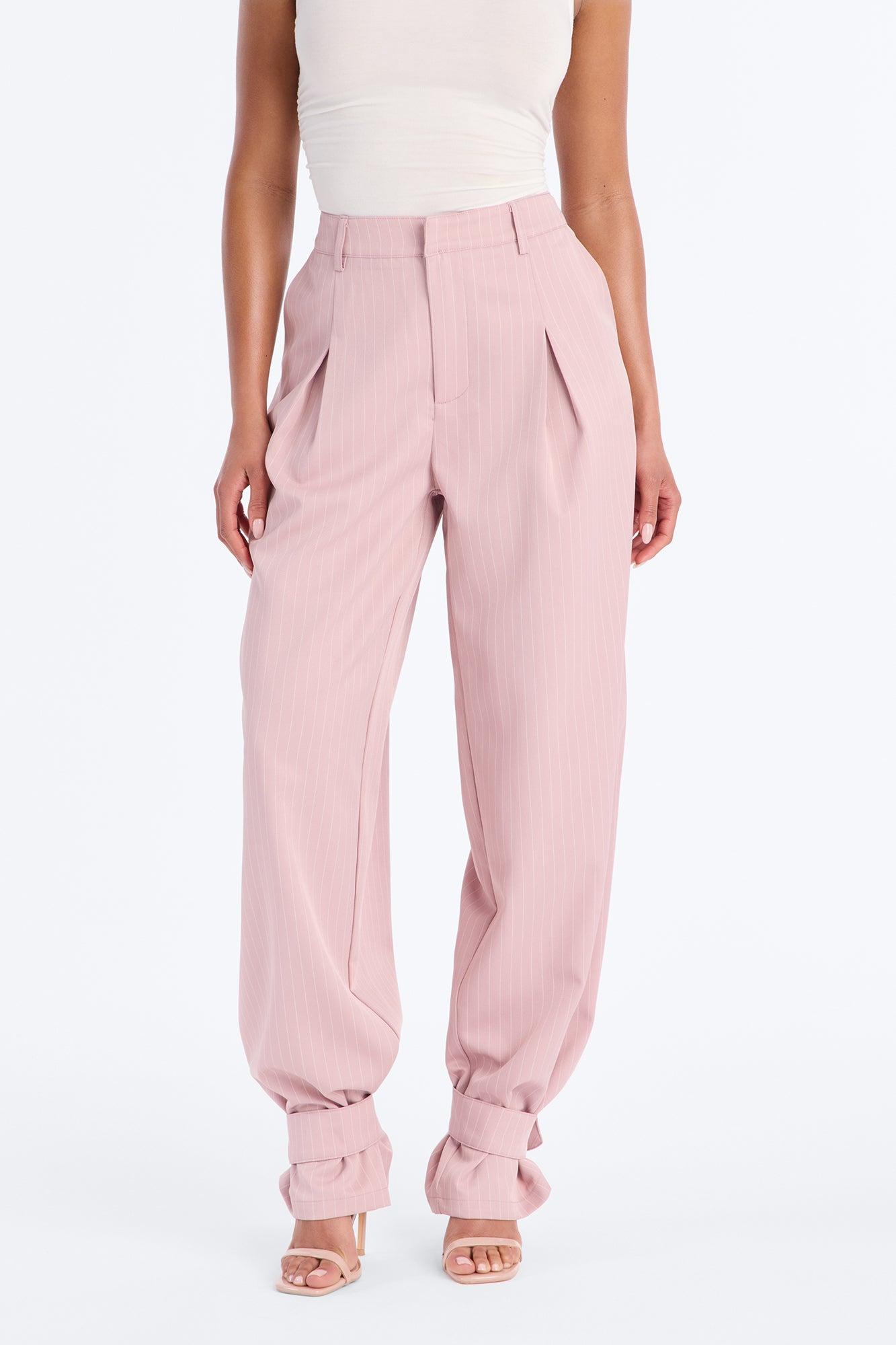 Never Settle Pinstripe Adjustable Cuff Trouser Pants 33″ - Rose Female Product Image