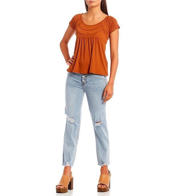 Hippie Laundry Exposed Button High Rise Distressed Slim Straight Leg Jeans Product Image