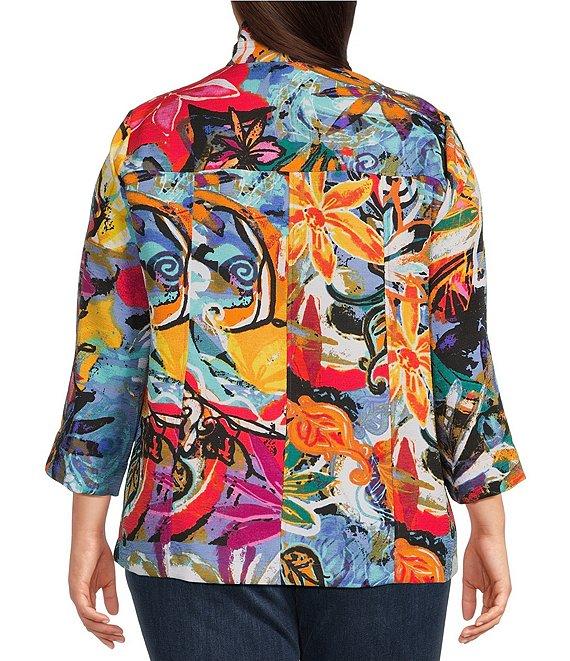 Ali Miles Plus Size Woven Abstract Print Wire Collar 3/4 Sleeve Button-Front Jacket Product Image
