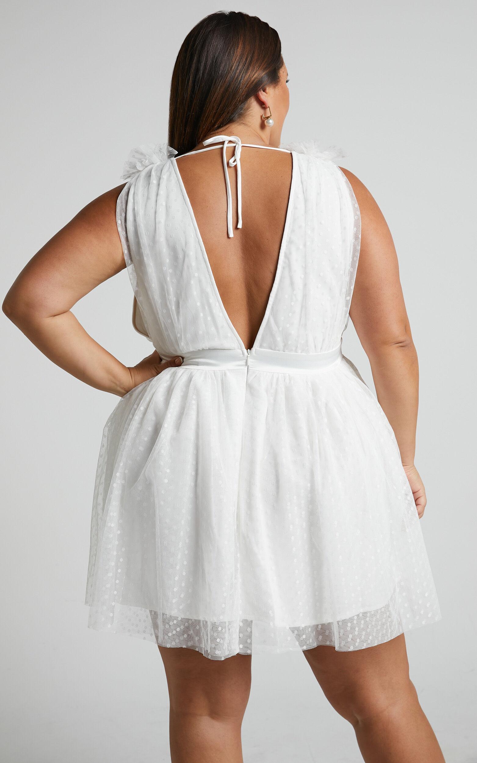 Mariabella Mini Dress - Tulle Plunge Dress in White Product Image
