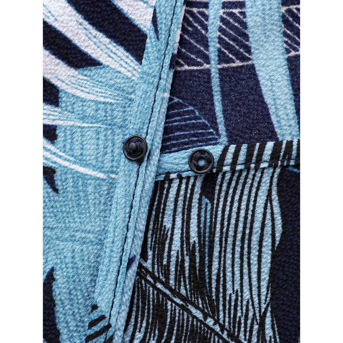 Plus Size Tropical Leaf Print Pockets Belted Midi Dress DarkBlue Women Overlap Collar Short sleeve Curvy BloomChic 18-20/2X Product Image