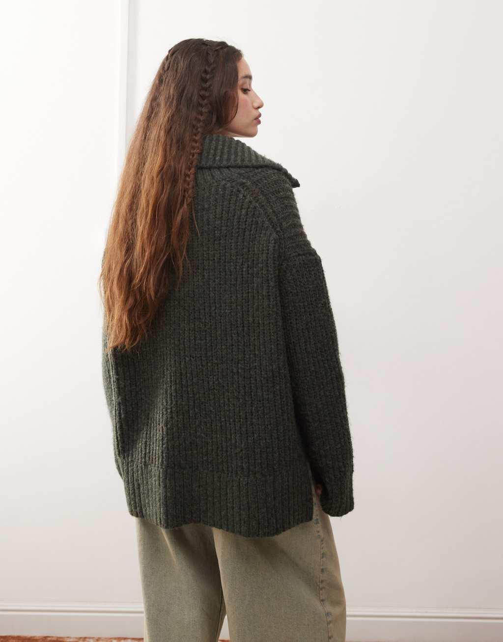 Weekday Cillia half zip sweater in dark green melange Product Image
