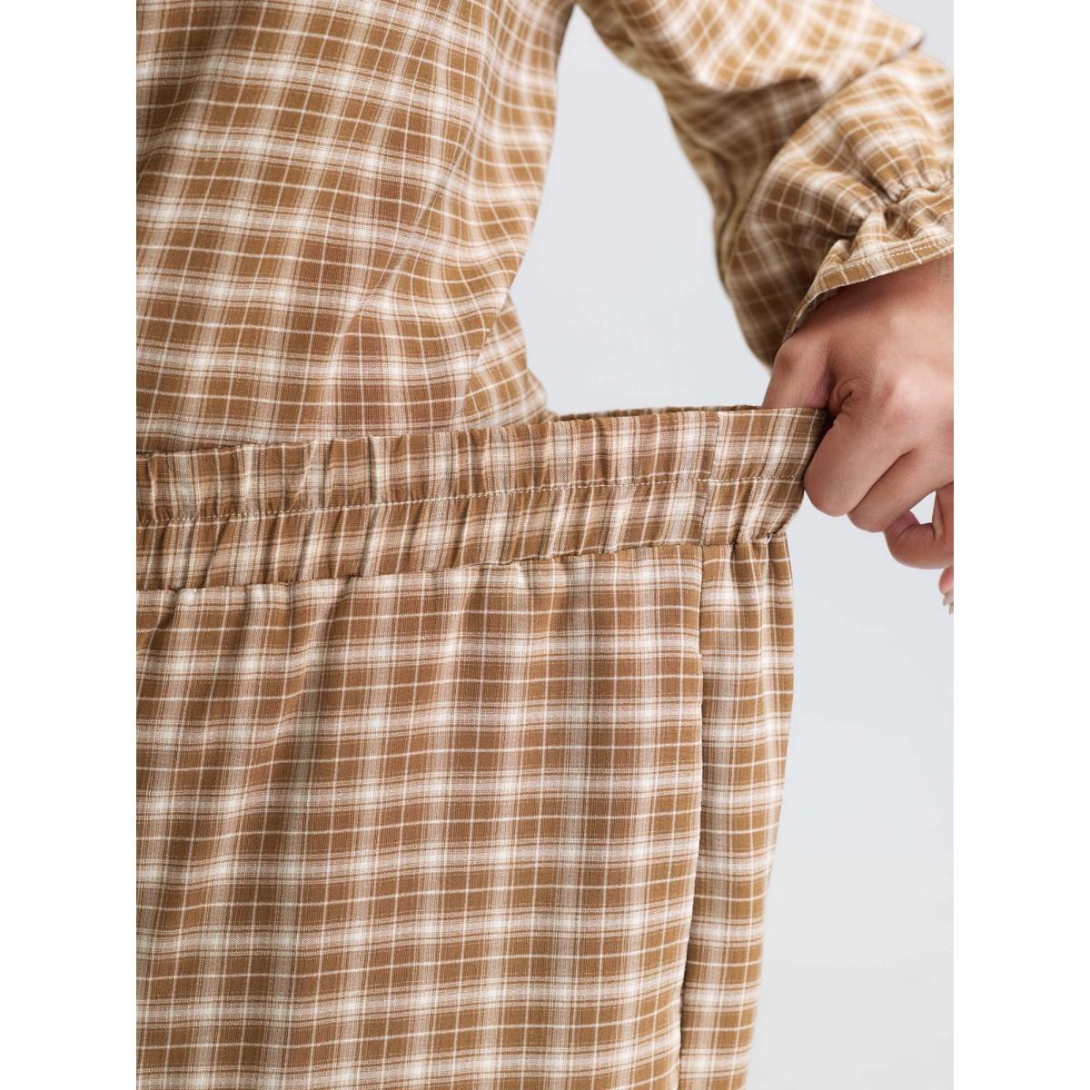 Plus Size Gingham Ruffled Hem Loungewear Set Women Bronze Button Extra Long Sleeve Round Neck Leisure Loungewear Sets BloomChic 14-16/1X Product Image