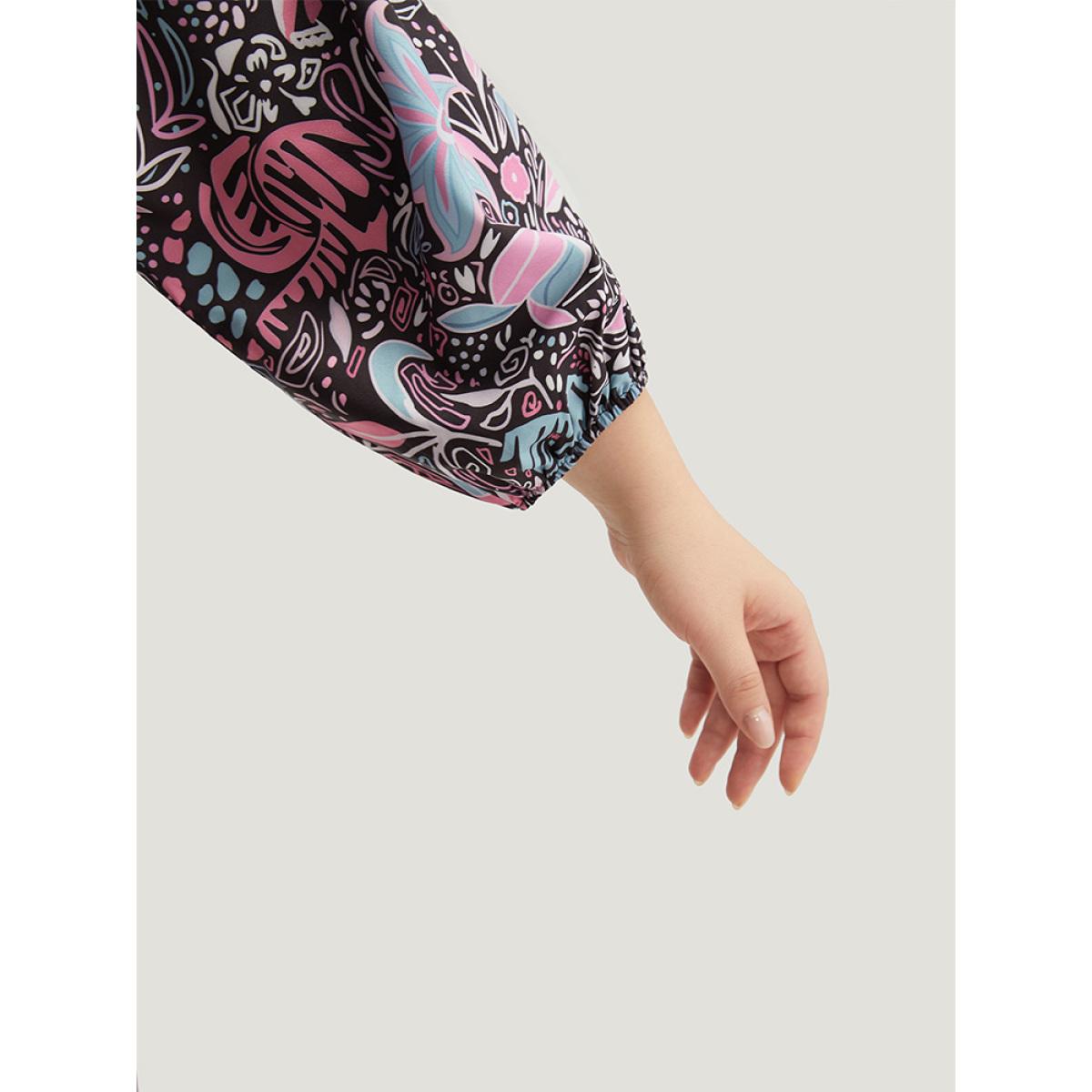 Plus Size Floral Print Lantern Sleeve Elastic Waist Dress Multicolor Women Vacation Elastic cuffs V-neck Elbow-length sleeve Curvy Midi Dress BloomChic 12/L Product Image