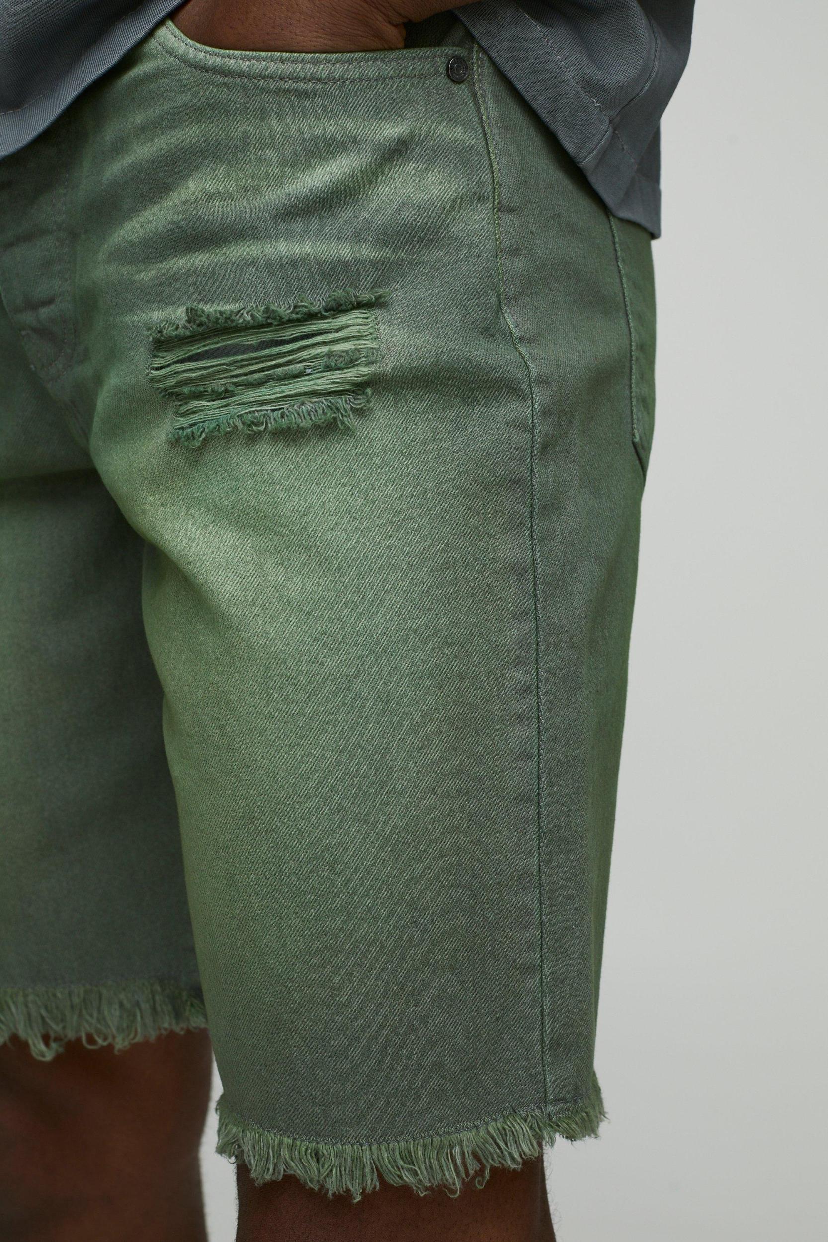 Relaxed Fit Ripped Green Tinted Jean Shorts | boohooMAN USA Product Image