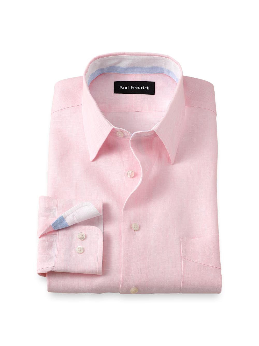 Non-Iron Linen Solid Dress Shirt With Contrast Trim - Pink Product Image