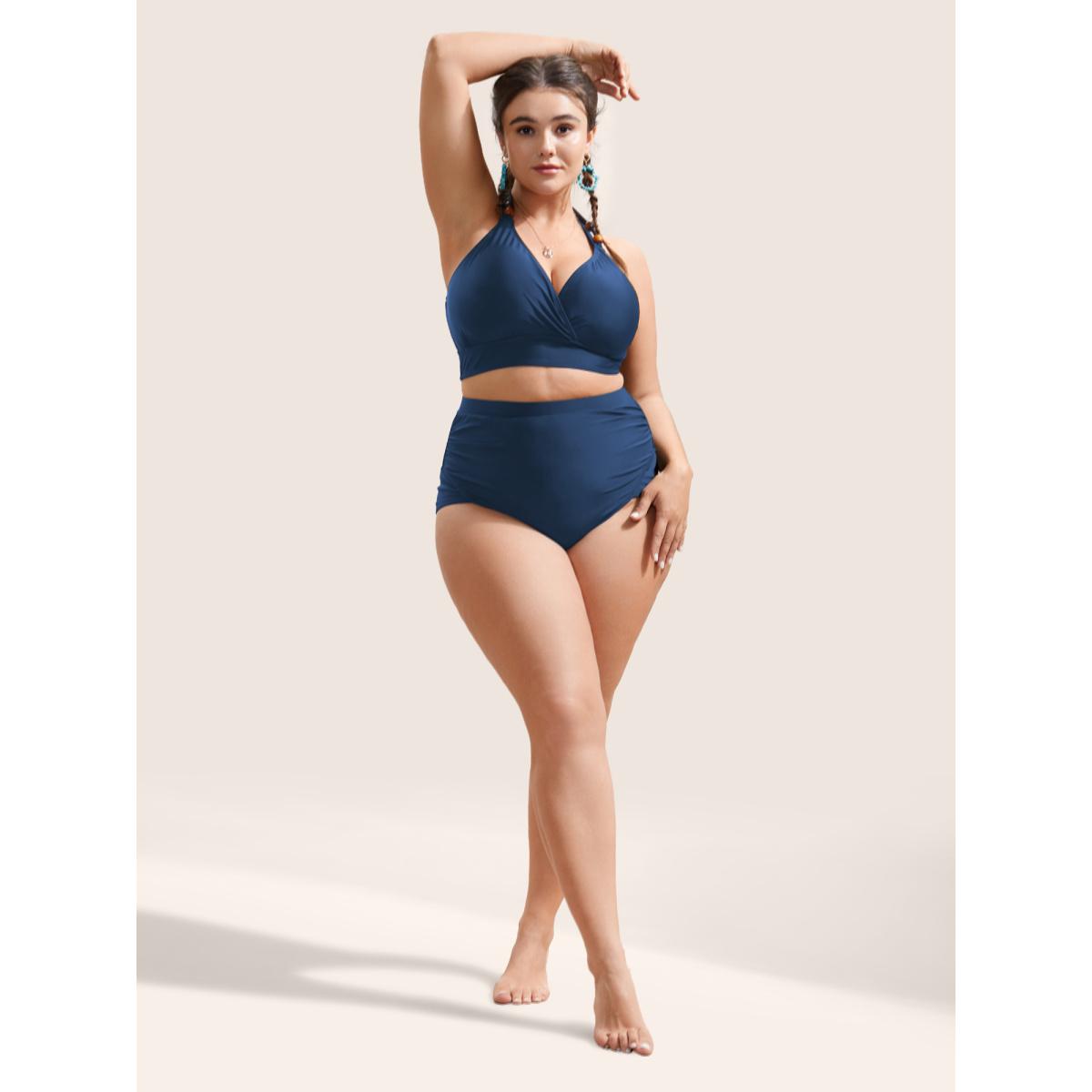 Plus Size Plain Patchwork Ruched Swim Bottom Women's Swimwear ArmyGreen Resort Non High stretch Skinny High Rise Curve Swim Bottoms BloomChic 22-24/3X Product Image