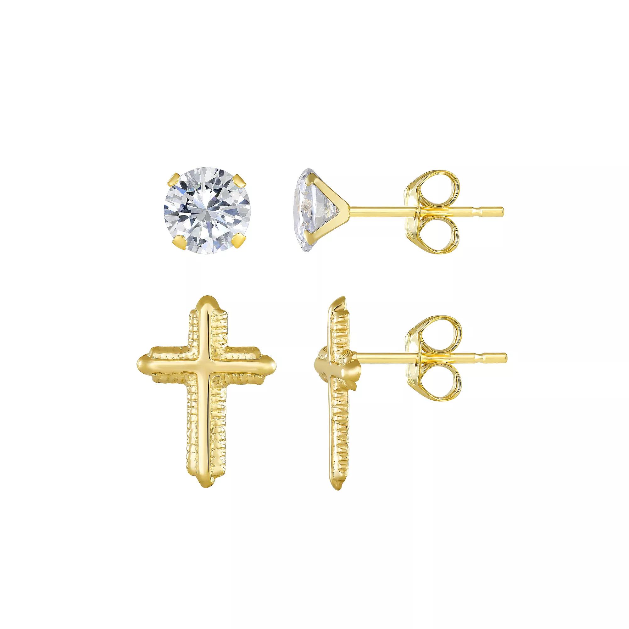 Taylor Grace 10k Gold Cross & Round Cubic Zirconia Earring Set, Women's Product Image
