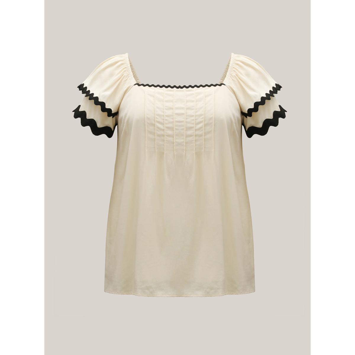 Plus Size Ivory Color Block Layered Sleeve Blouse Women Cap Sleeve Square Neck Vacation Blouses BloomChic 26/4X Product Image