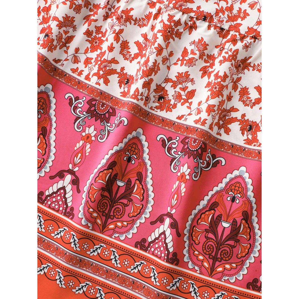 Plus Size Floral Boho Print Tiered Maxi Skirt Women Salmon Loose No stretch Side seam pocket Vacation Skirts BloomChic 14-16/1X Product Image