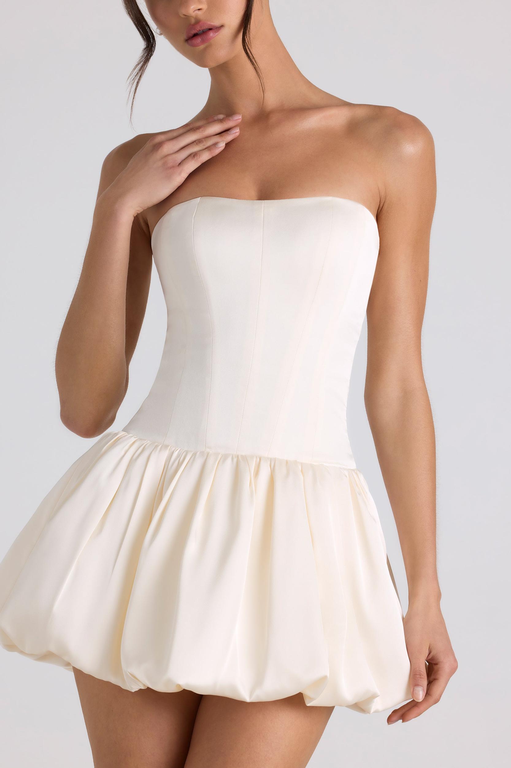 Lace-Up Bubble Hem Corset Mini Dress in Ivory Product Image