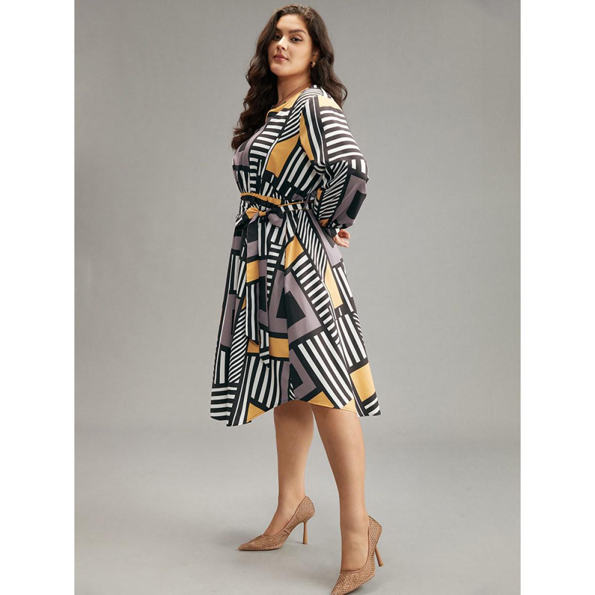 Plus Size Colorblock Geometric Notched Elastic Waist Arc Hem Dress Multicolor Women Office Printed Notched collar Long Sleeve Curvy Midi Dress BloomChic 14-16/1X Product Image