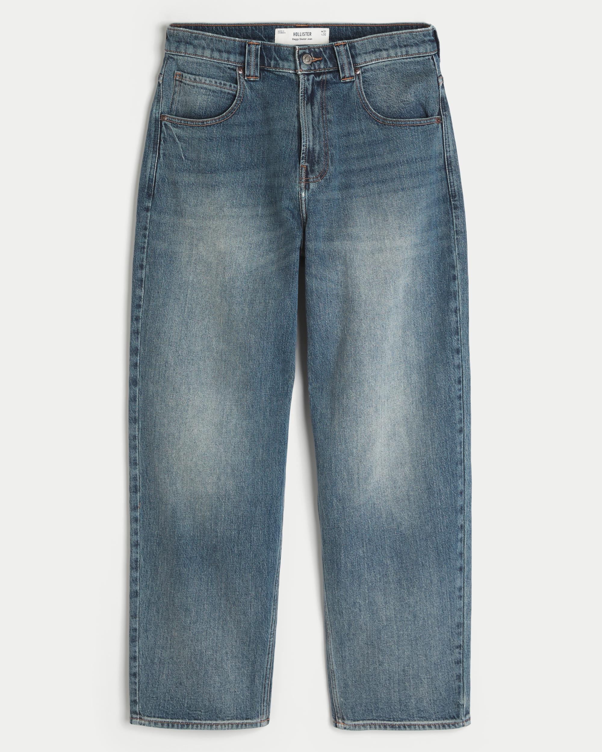 Dark Wash Embroidered Skater Baggy Jeans Product Image