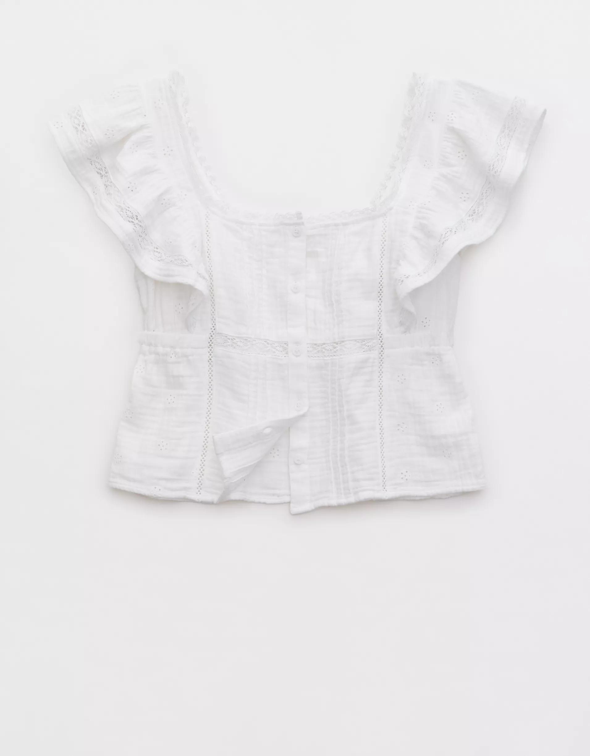 Aerie Button Front Ruffle Sleeve Top Product Image