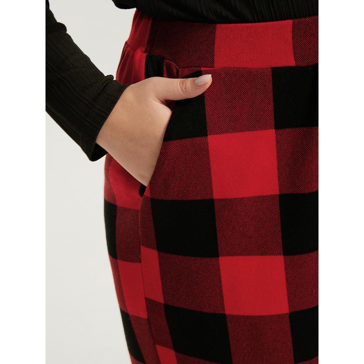Plus Size Plaid Pocket Elastic Waist Wide Leg Pants Women Red Casual Mid Rise Dailywear Pants BloomChic 10/M Product Image