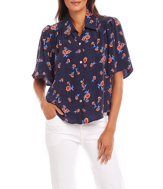 Karen Kane Carnation Print Spread Collar Short Puff Sleeve Shirred Top Product Image