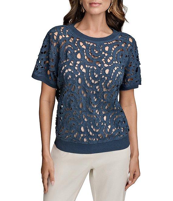 Donna Karan Short Sleeve Drop Shoulder Crochet Top Product Image